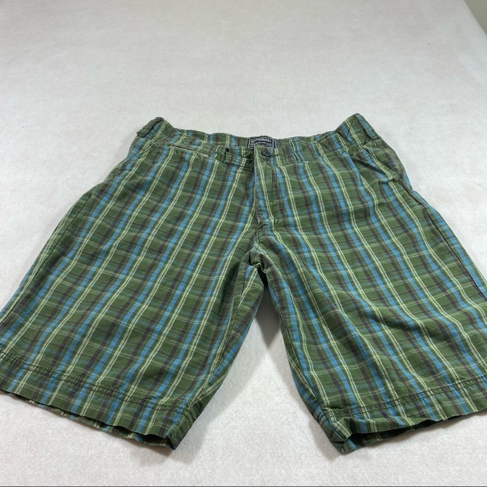 National Outfitters boarding Shorts 34 Green Blue Plaid Front Zipper pockets